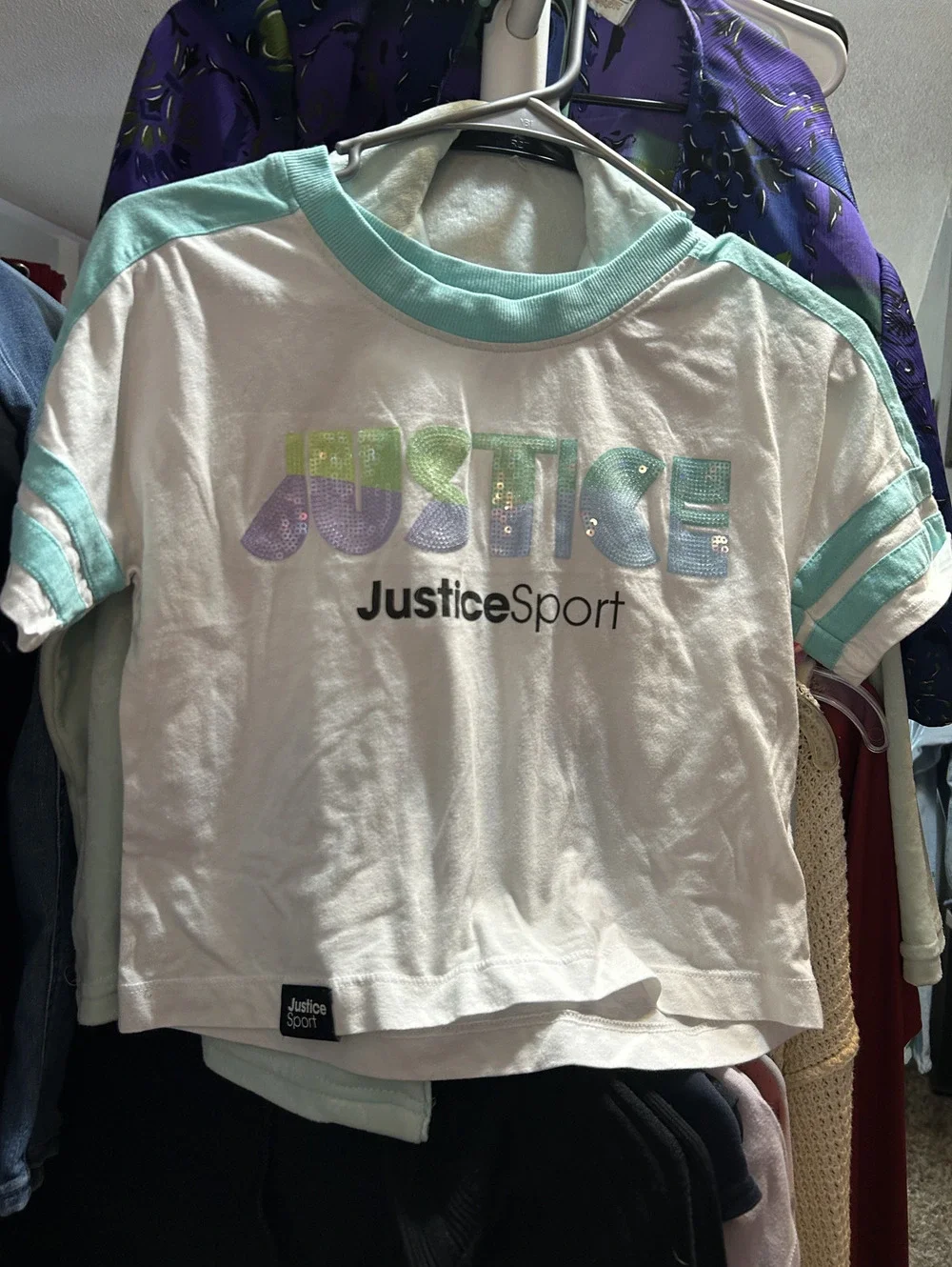 Justice Sport Girls' White and Mint Green Short Sleeve T-Shirt Size M